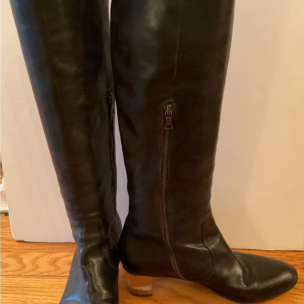 Dries Van Noten Black Leather High Boots Lucite Heels